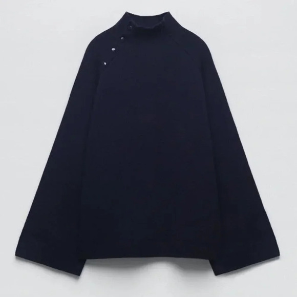 Zara  96% Merino Wool High Buttoned Collar Knit Sweater Navy Blue Size Medium - Picture 1 of 11